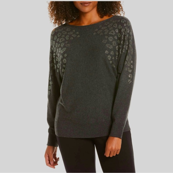 NWT Rafaela Women's Leopard Sparkle Shoulder 
Sweater Gray Heather~Large 💚 - Picture 1 of 10